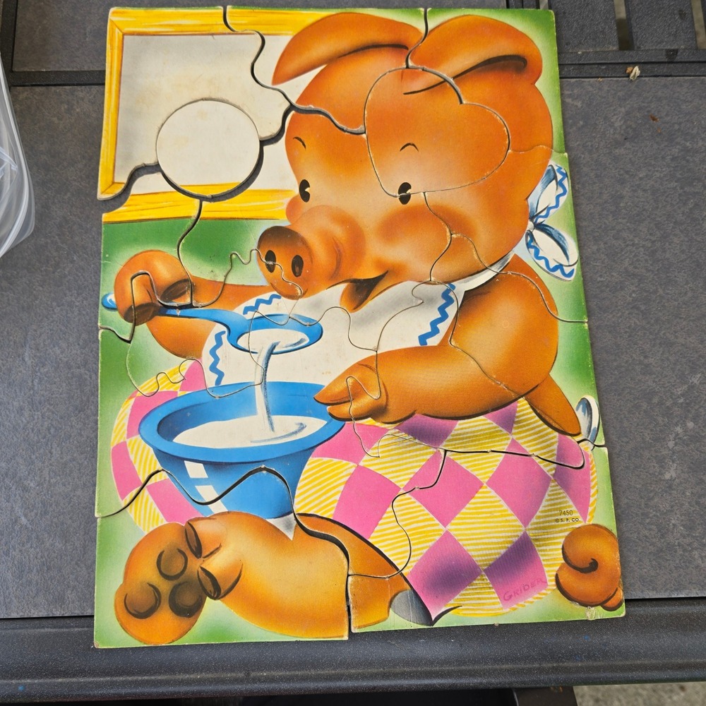 Vintage Children's Kids Tray Puzzle Pig Cereal Soup S.P. Co Cardboard MCM Retro